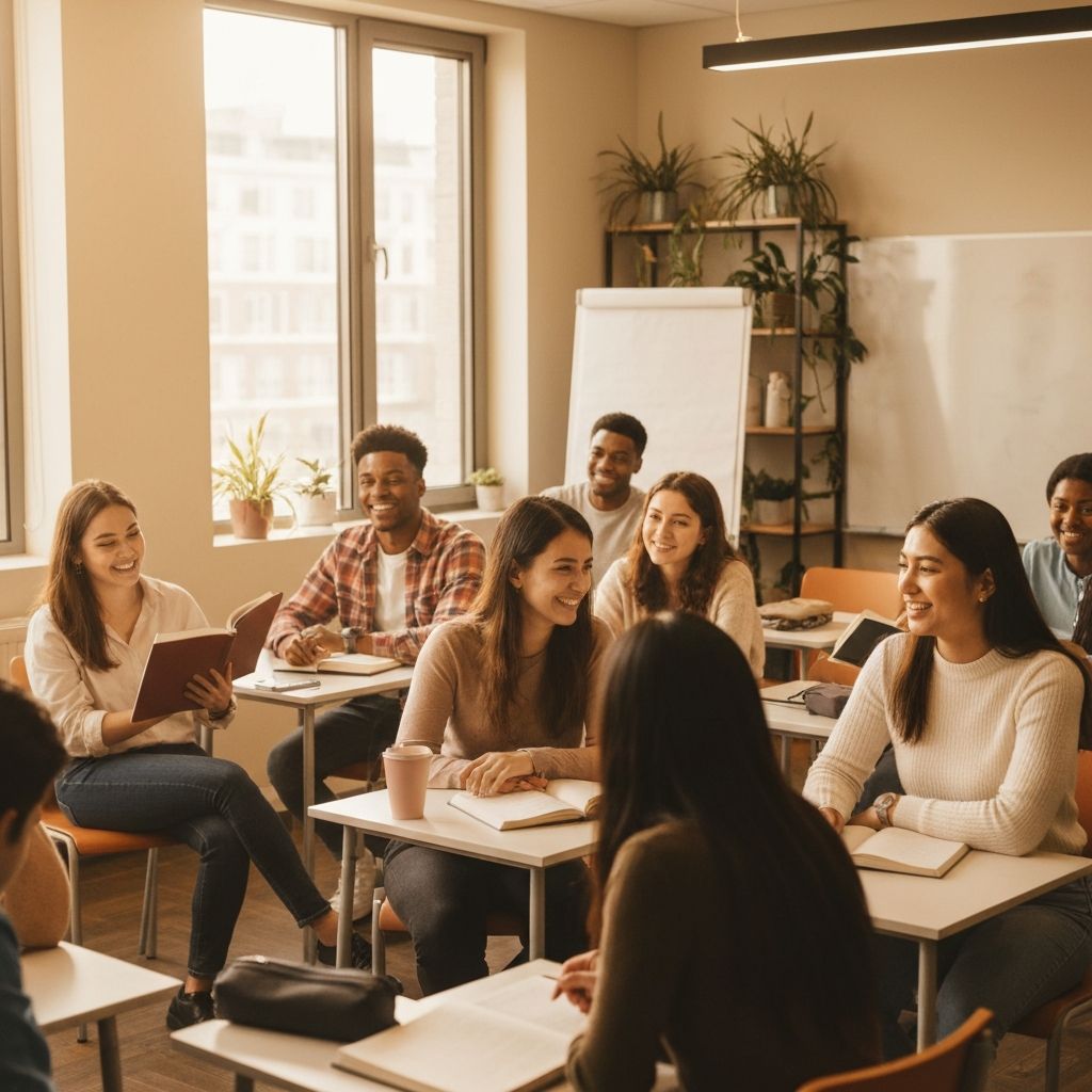Diverse students engaged in an interactive English class in a bright modern classroom